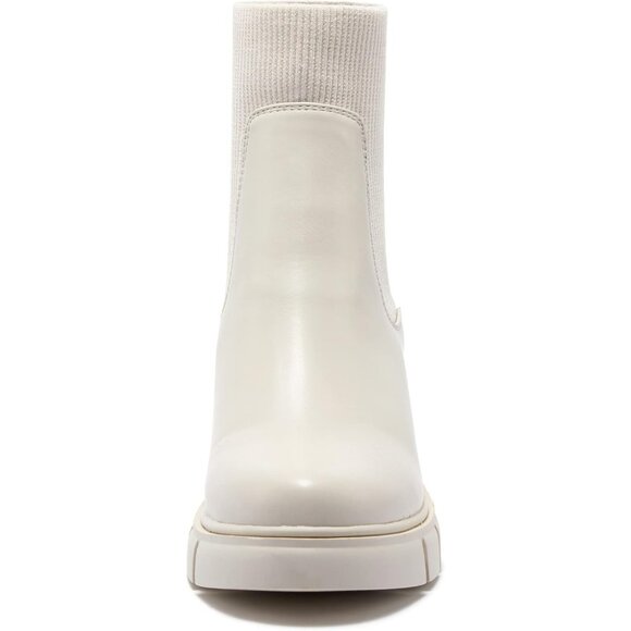 Women's Cream Elastic Chelsea Boots Chunky Block Heel Platform Ankle Boots - Picture 3 of 7
